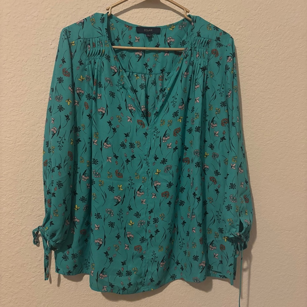 Eclair Women’s Green Floral 3/4 Sleeve Blouse, Size Large
